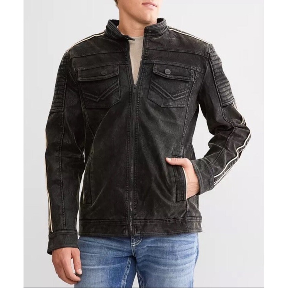 Buckle Faux Suede Jacket Men's Small Black Distressed‎ Zip Biker Piping Details